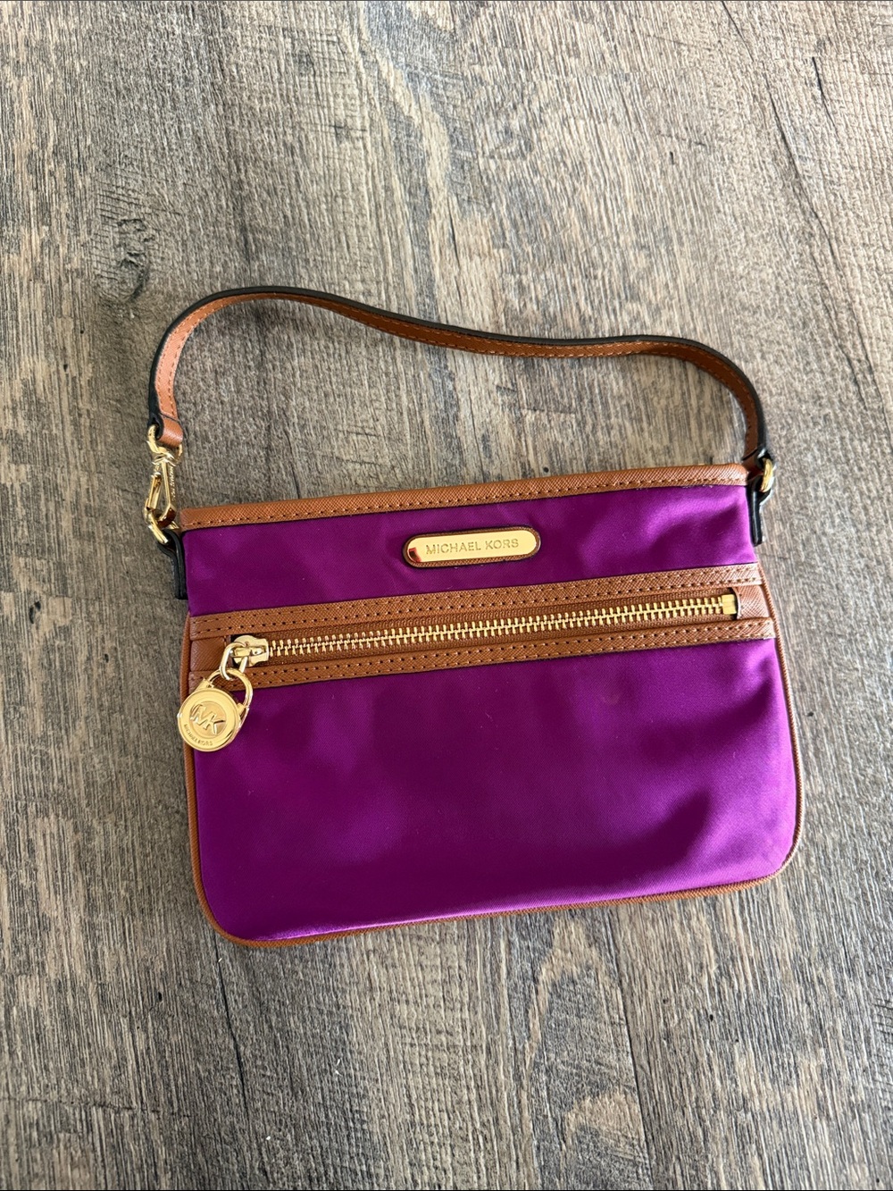 Michael Kors Purple and Brown Leather-Trim Wristlet